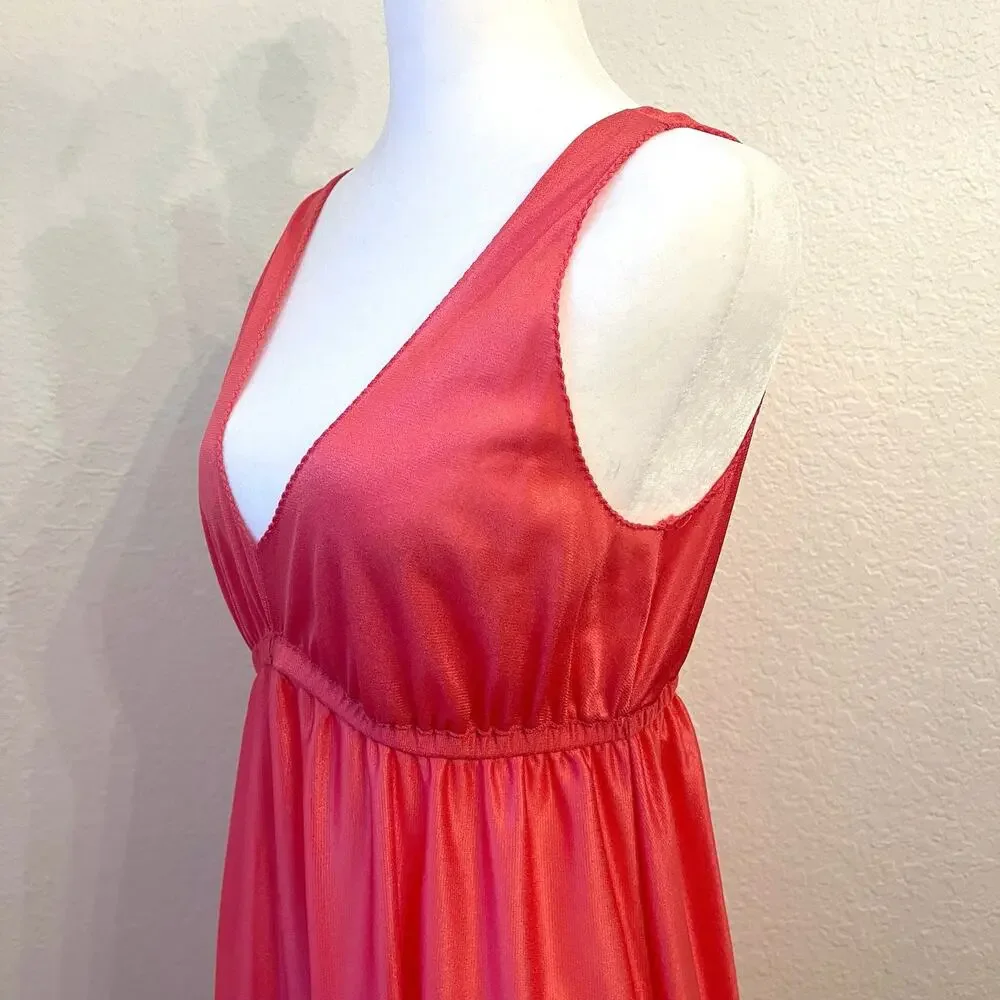 Vintage 70s Maxi Nylon Babydoll Slip Dress M Tiered Coral Pink Nightgown Lingeri